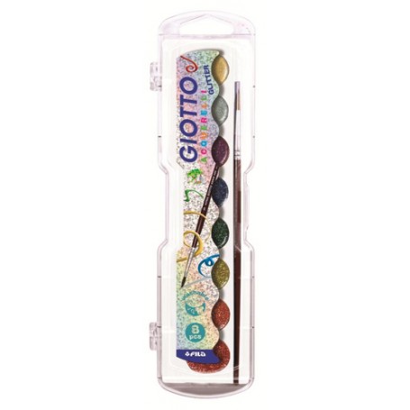 FILA Scatola 8 Acquerelli Giotto Glitter - Confezione Da 8 Pastiglie Di Colori Glitter Ed 1 Pennello Giotto Serie 400 P (331200)