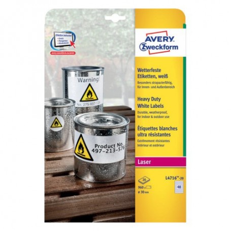 Avery L4716-20 etichetta autoadesiva Cerchio Permanente Bianco 960 pz (L4716-20)