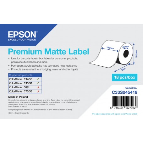 Epson Premium Matte Label - Continuous Roll: 102mm x 35m (C33S045419)